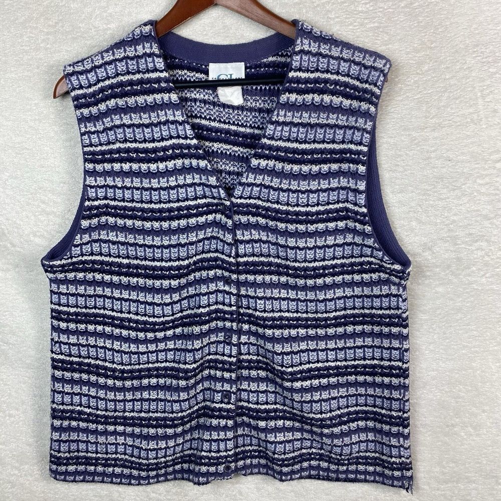 Vintage Cricket Lane V Neck Knit Sweater Vest Purple Stripe‎ 5 Button Size Large